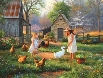 動物 Painting - 夕方にガチョウ鶏を持つ女の子 ペットの子供たち